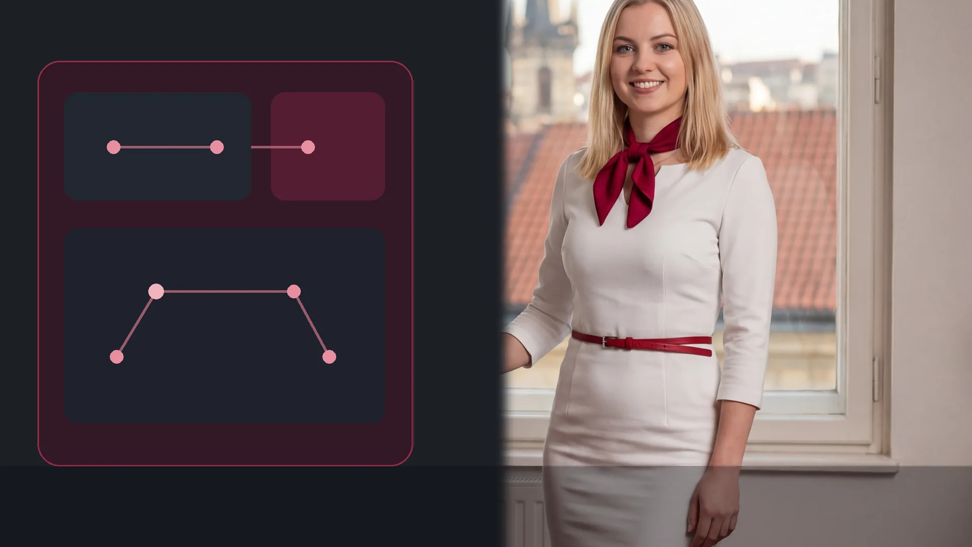 Karolína Dvořáková u abstraktních panelů a spojnic pro ověřování veřejné stopy; bez textu, čísel, značek a rozhraní.
