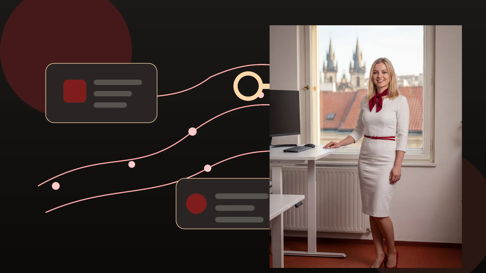 Karolína Dvořáková u abstraktní mapy API klíče, datových toků a e-shop integrací bez textu a log