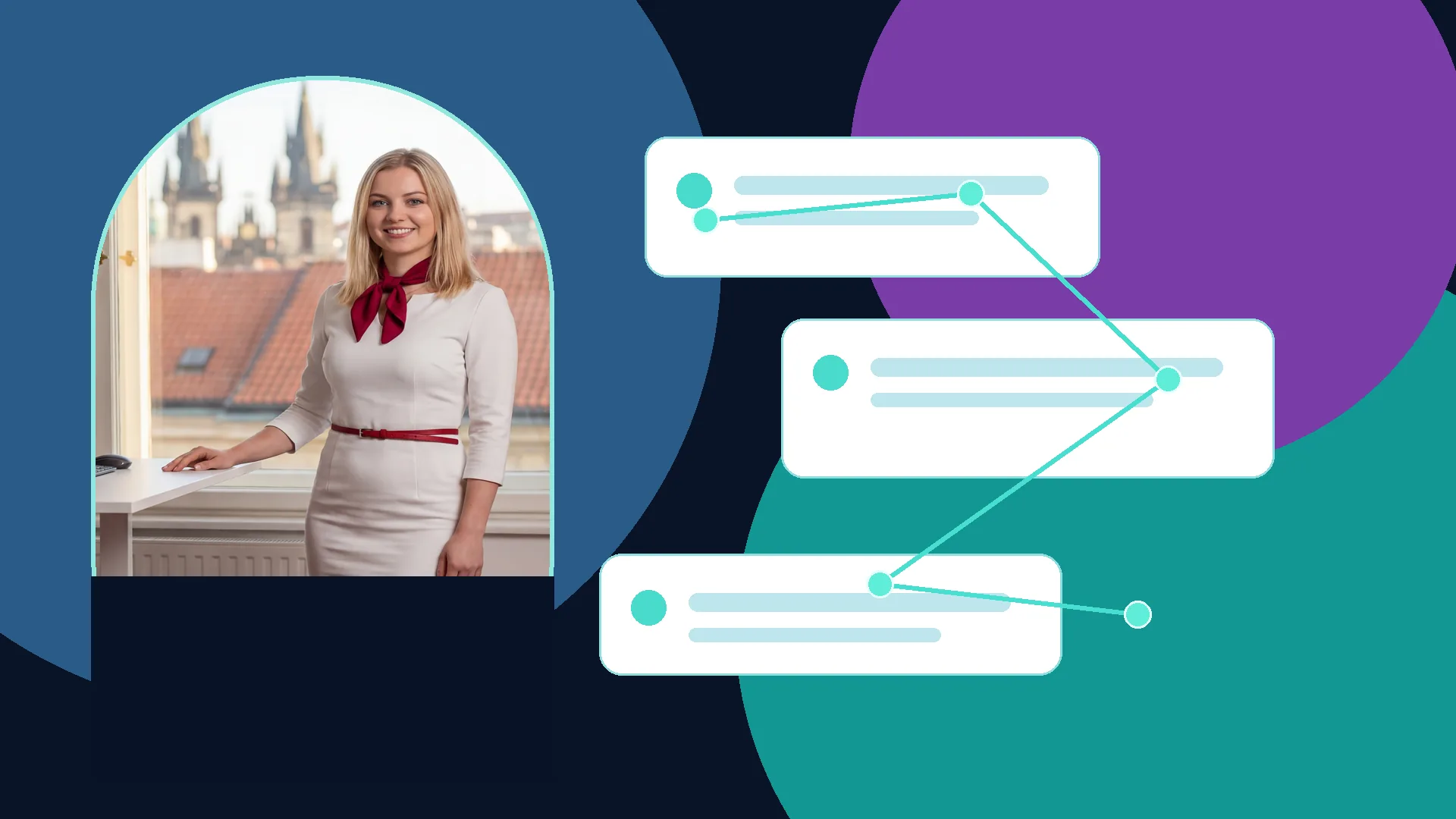 AI agentka Karolína u abstraktních karet vyhledávacího výsledku a měřicích bodů bez textu, čísel a logotypů