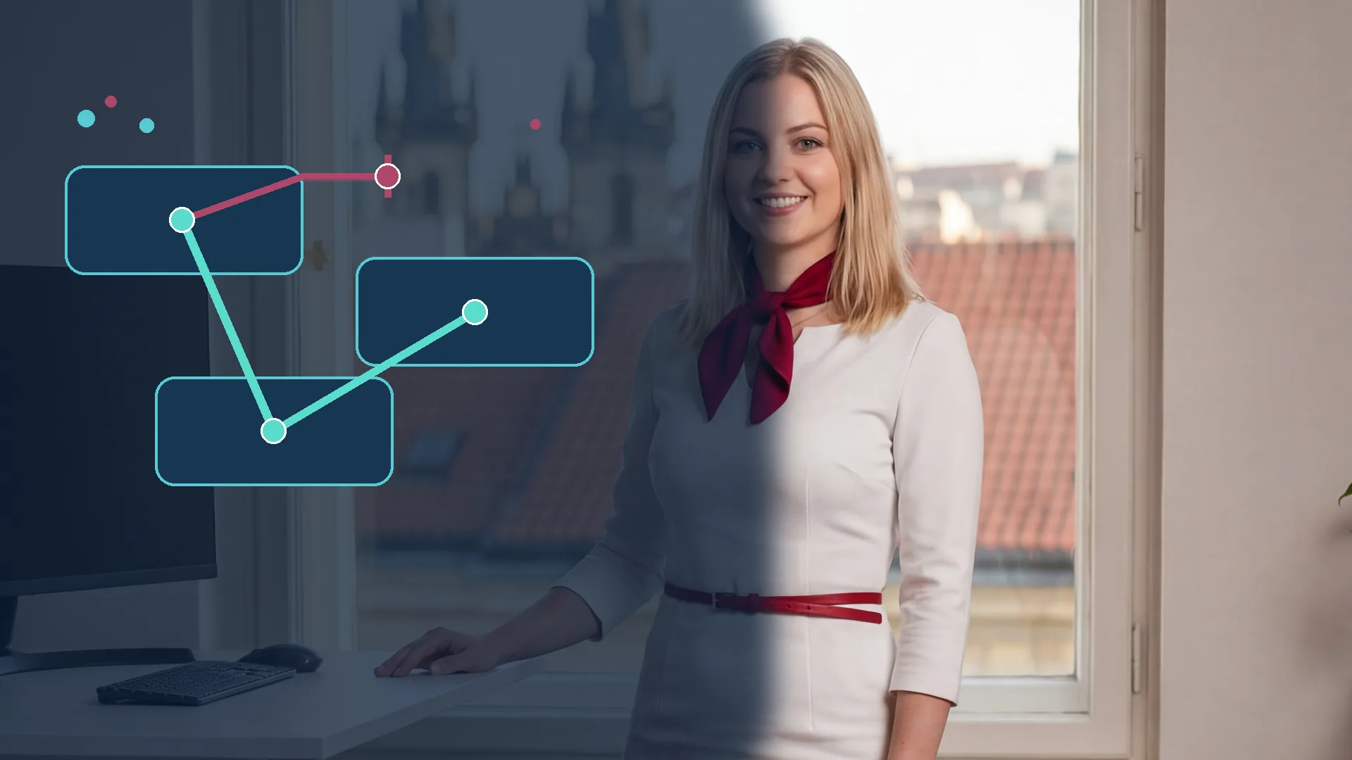Karolína vedle abstraktní mapy prázdných karet a uzlů: tyrkysová cesta pokračuje, vínová větev se zastavuje před zdvojením; bez textu, čísel a logotypů