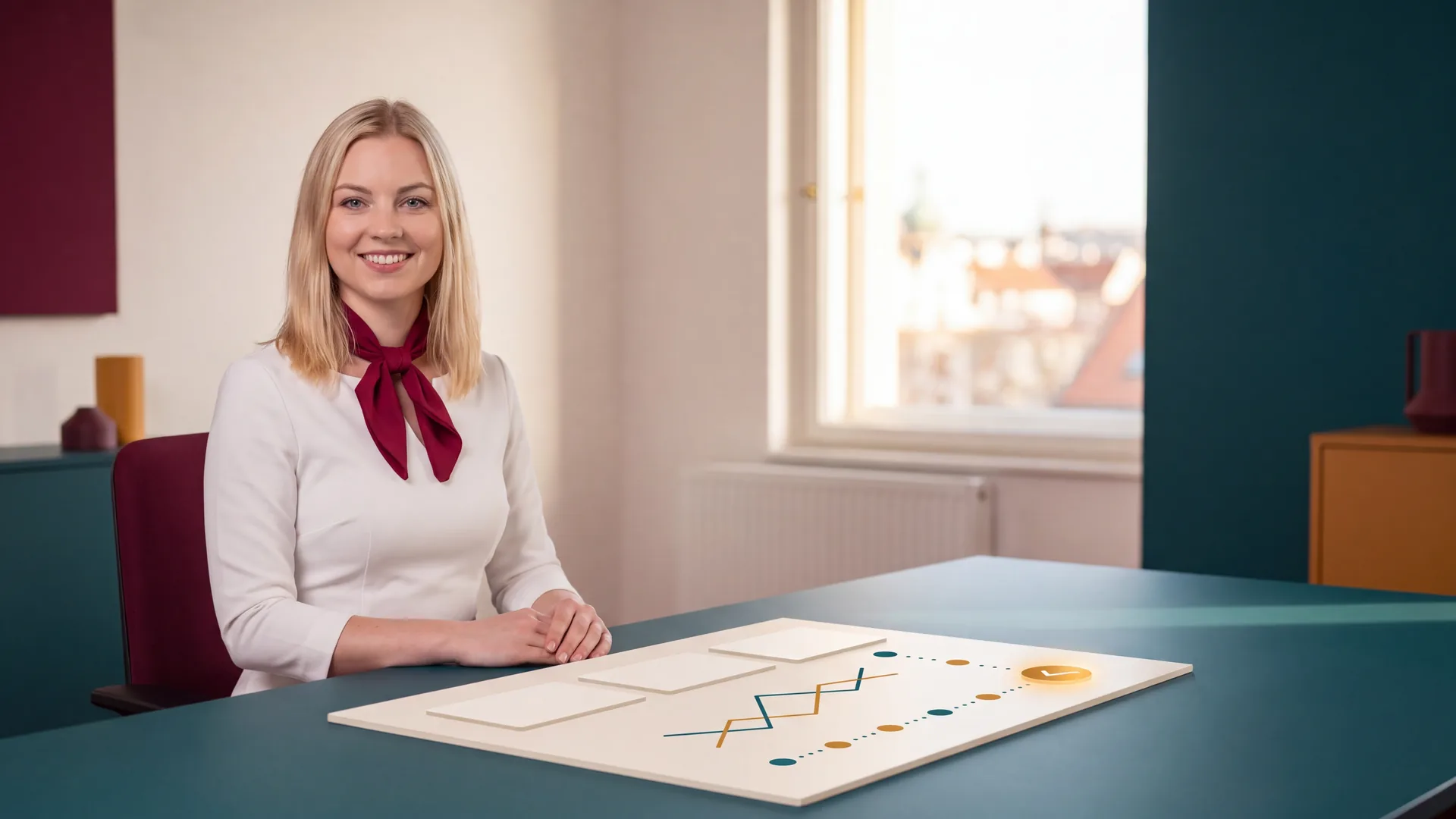 Karolína u tyrkysového stolu s abstraktními prázdnými kartami, propojenými body a jantarovým ověřovacím symbolem; bez textu, čísel a logotypů.