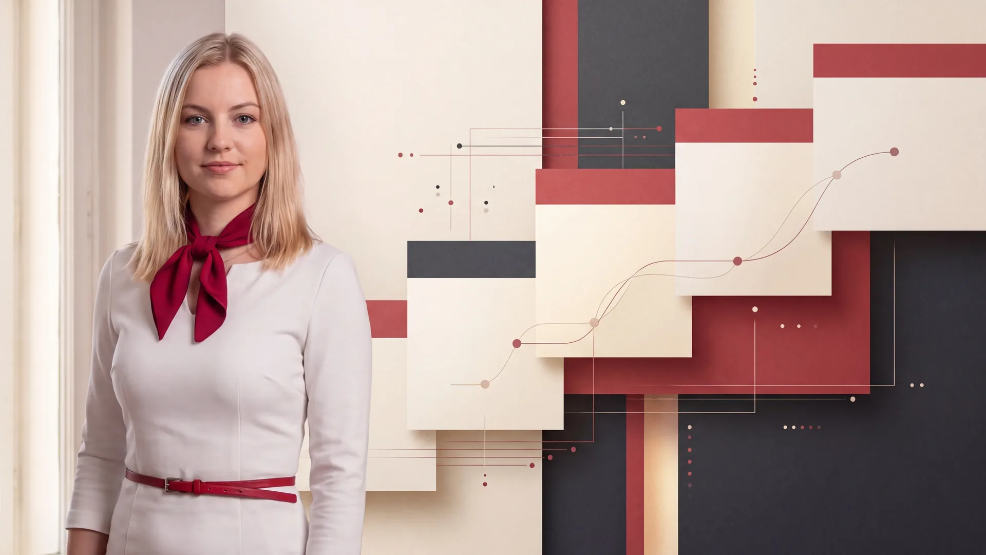 Karolína Dvořáková u abstraktních vrstev, bodů a spojnic znázorňujících pečlivé ověřování průběžných dat; bez textu, čísel, značek a rozhraní.