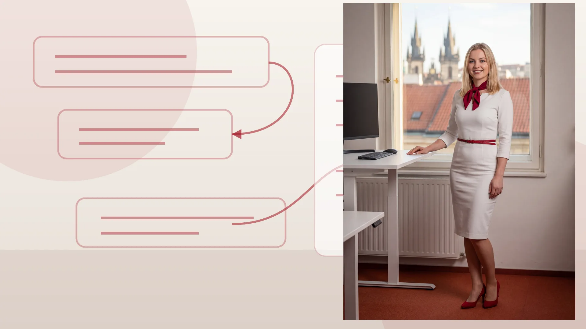 Karolína Dvořáková u abstraktní mapy canonical odkazů, přesměrování a pražské landing page bez textu a log