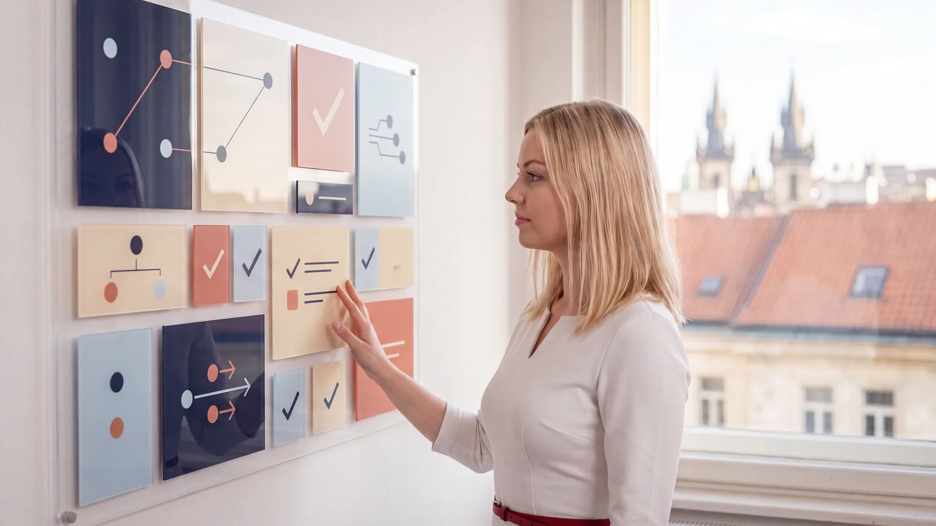 Karolína Dvořáková u abstraktní nástěnky kontroly kvality s kartami, body a spojnicemi bez textu, čísel a logotypů