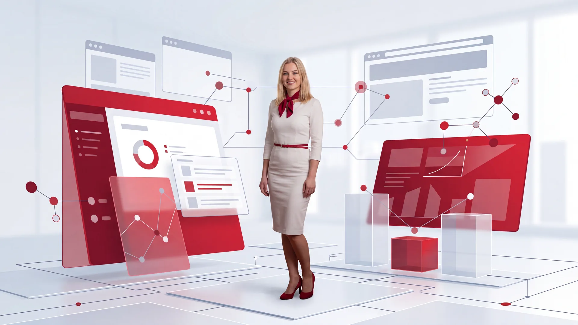 Karolína Dvořáková u abstraktního dashboardu pro kontrolu měření, proof logu a webové analytiky bez čitelného textu