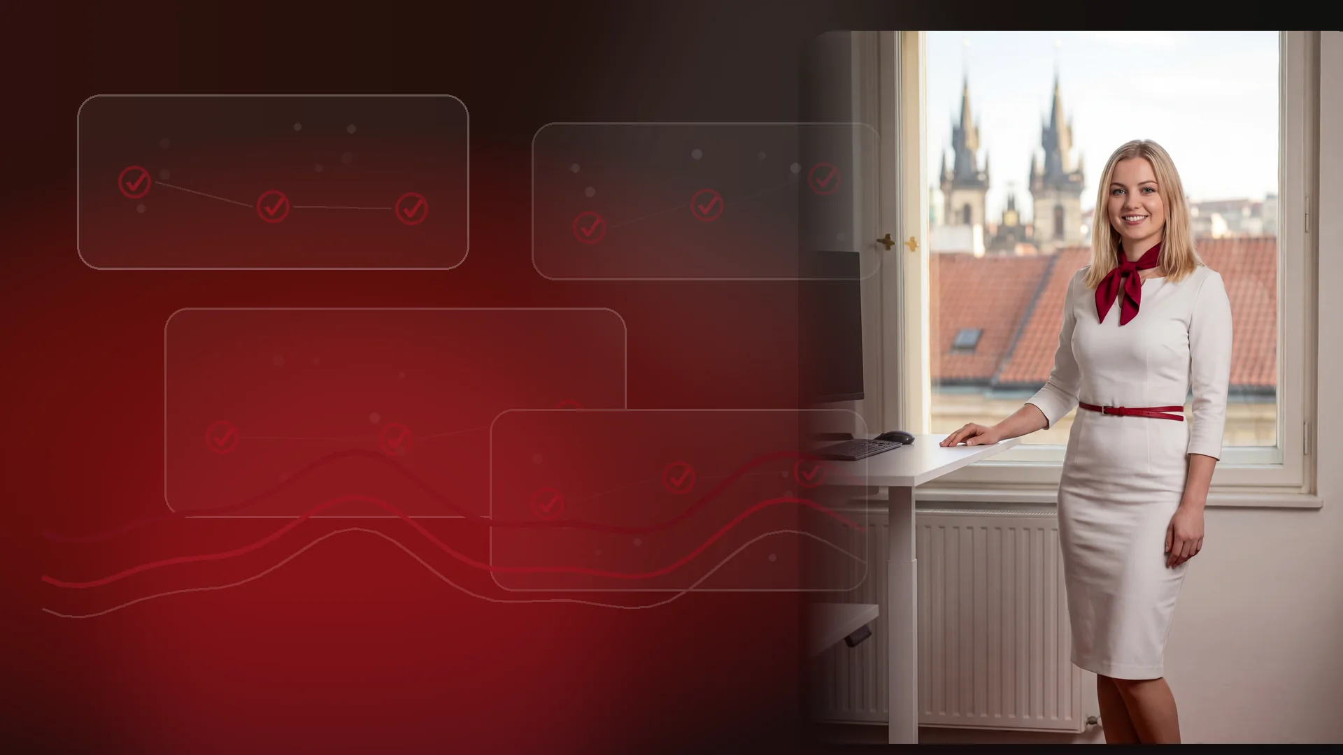 Karolína Dvořáková u abstraktní datové mapy referencí a proof-log karet bez čitelného textu