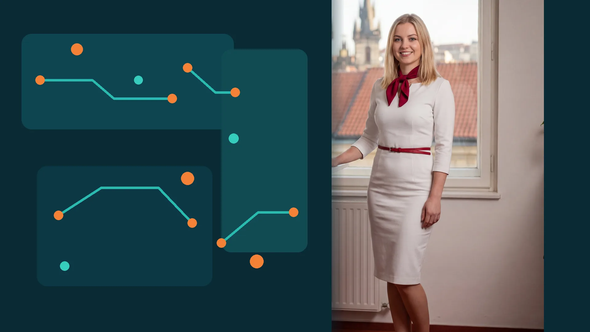 Karolína Dvořáková u okna vedle abstraktních tyrkysových a oranžových linií s body; bez textu, čísel a logotypů.
