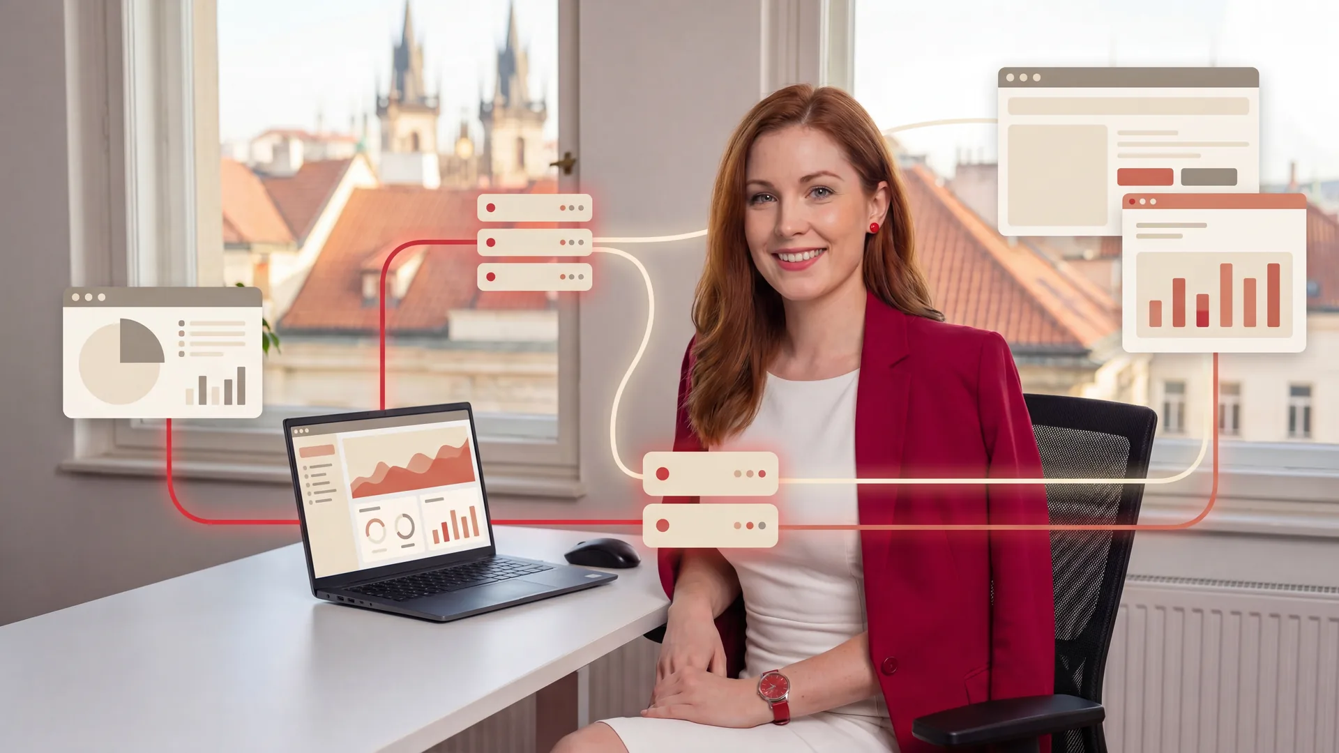 Mařenka Procházková u abstraktních analytických karet, produkčních signálů a serverových uzlů bez čitelného textu