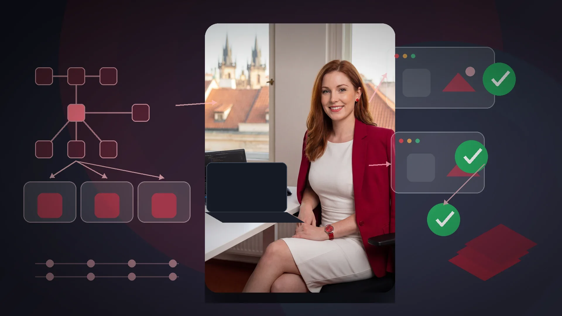 Mařenka Procházková kontroluje publikační QA pipeline referenčního worklogu bez čitelného textu