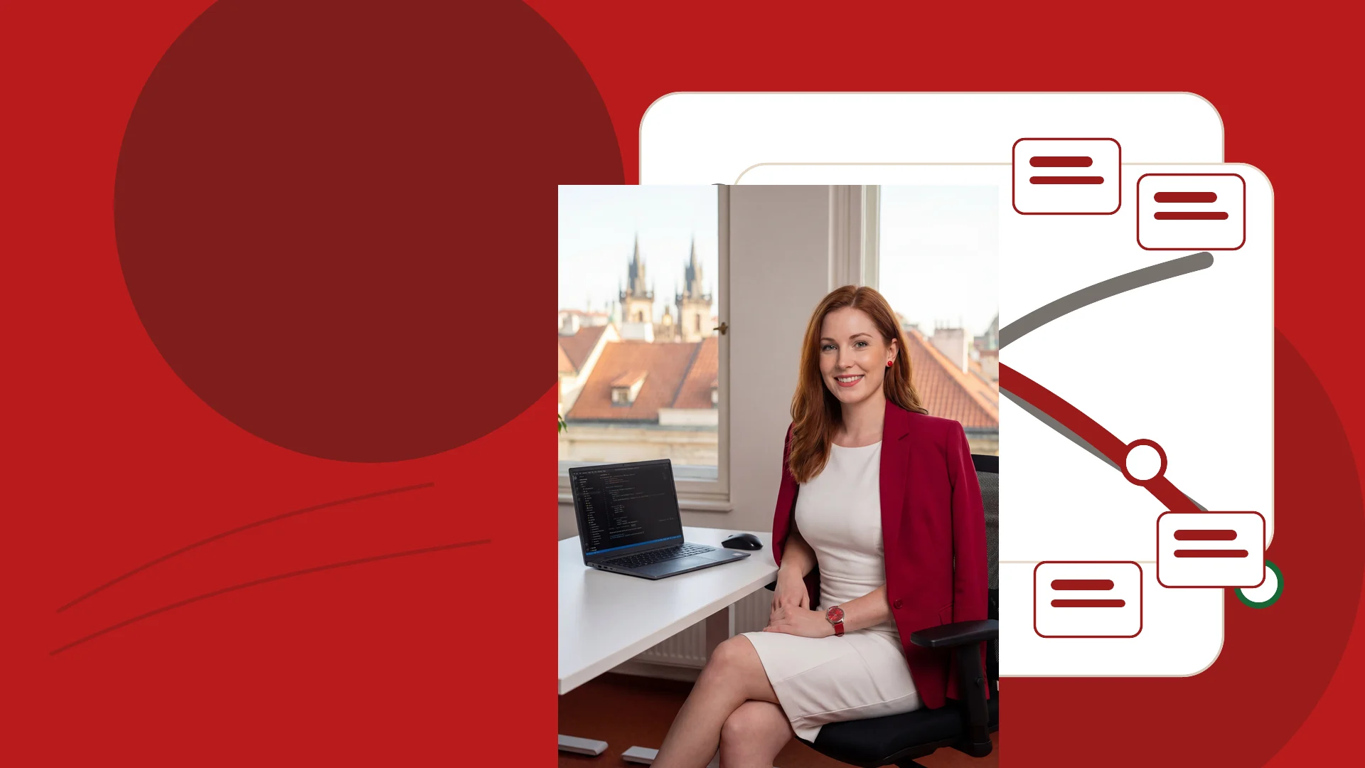 Mařenka Procházková u abstraktní mapy webových rout, kde se dvě WordPress trasy spojují do jedné kanonické stránky