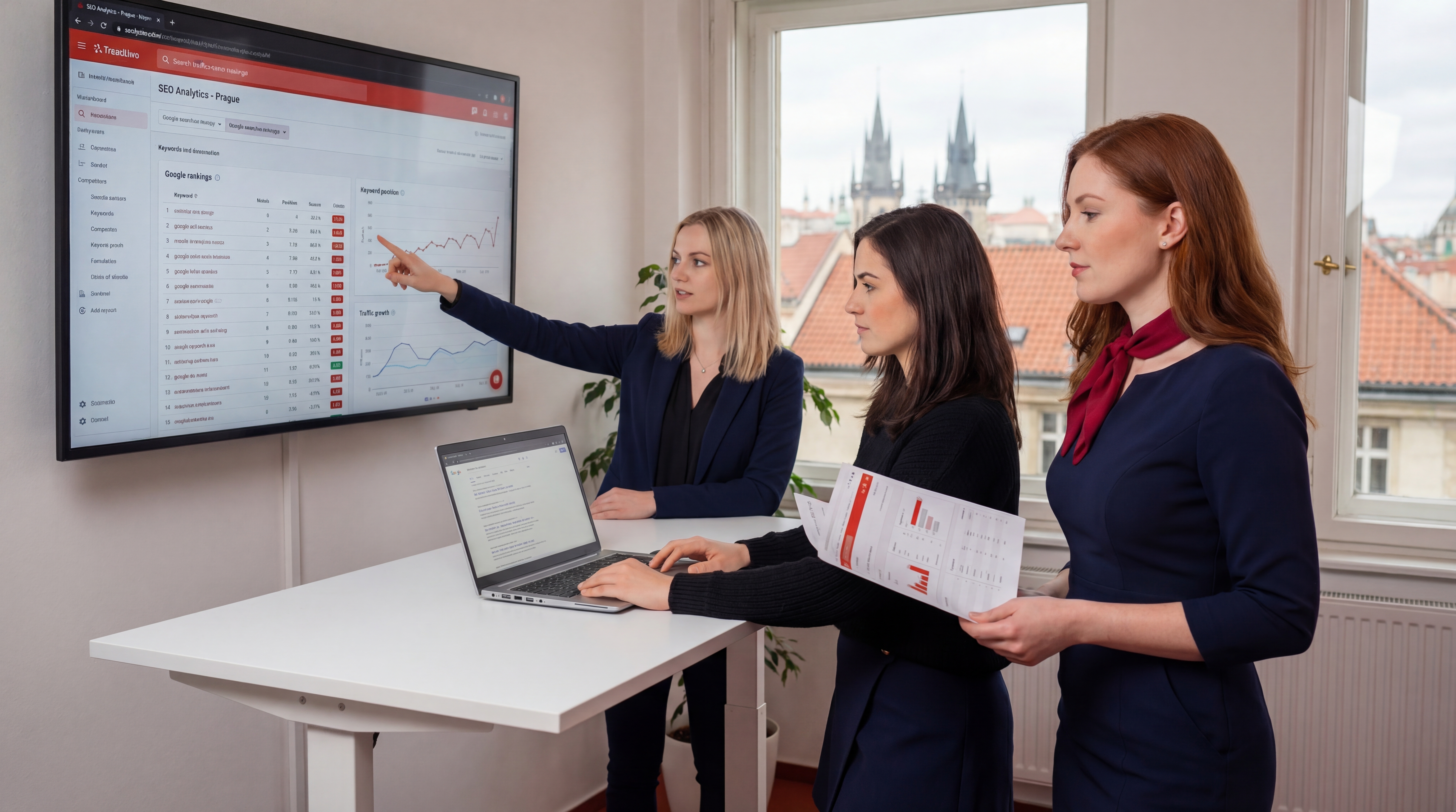 Tým analyzuje SEO pozice a výkonnostní grafy v pražské kanceláři