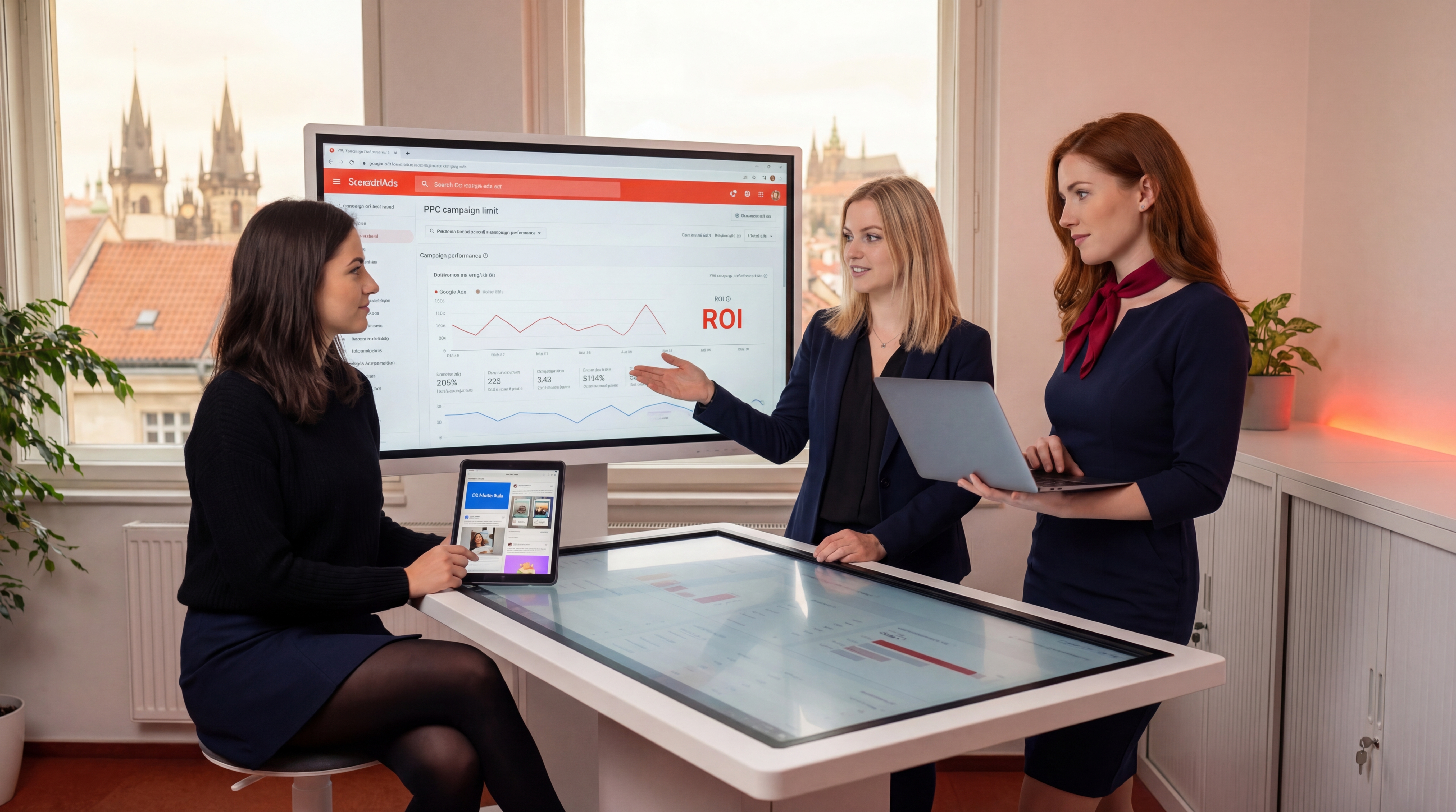 Tým pracuje na PPC kampaních a ROI analýze v pražské kanceláři