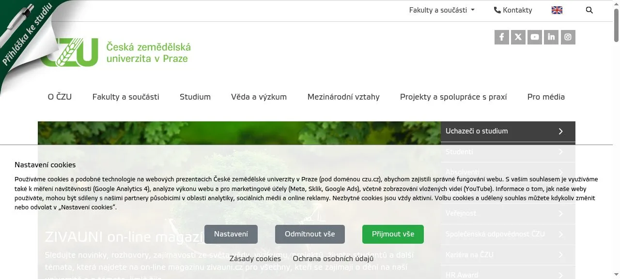 Náhled hlavní strany webu České zemědělské univerzity