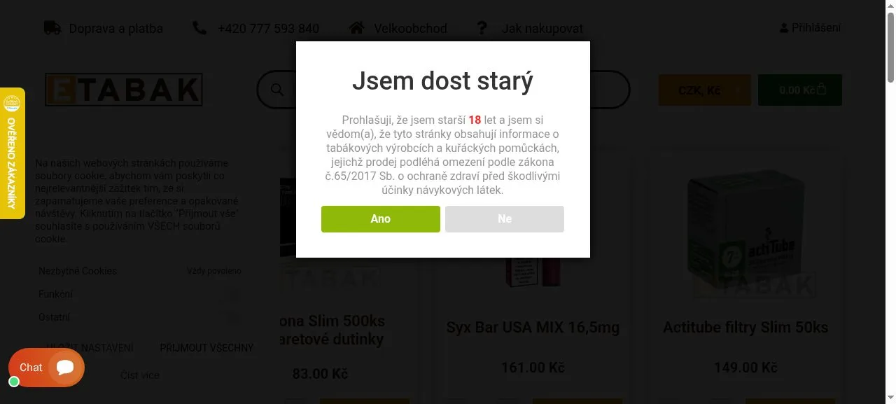 Náhled hlavní strany e-shopu eTabak